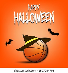 Happy Halloween pattern. Basketball template design. Basketball ball with witch hat. Design pattern for banner, poster, greeting card, flyer, party invitation. Vector illustration