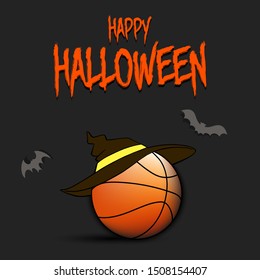 Happy Halloween pattern. Basketball template design. Basketball ball with witch hat. Design pattern for banner, poster, greeting card, flyer, party invitation. Vector illustration