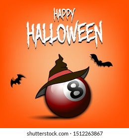 Happy Halloween pattern. Billiard template design. Billiard ball with witch hat. Design pattern for banner, poster, greeting card, flyer, party invitation. Vector illustration