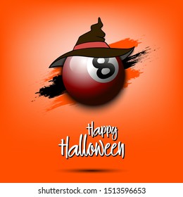 Happy Halloween pattern. Billiard template design. Billiard ball with witch hat. Design pattern for banner, poster, greeting card, flyer, party invitation. Vector illustration