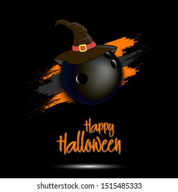 Happy Halloween pattern. Bowling template design. Bowling ball with witch hat. Design pattern for banner, poster, greeting card, flyer, party invitation. Vector illustration