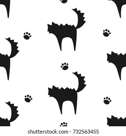 Happy Halloween pattern with cartoon cats and paw traces. Vector background for textile and wrapping.