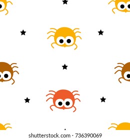 Happy Halloween pattern with color spiders and stars on white background. Vector seamless ornament.