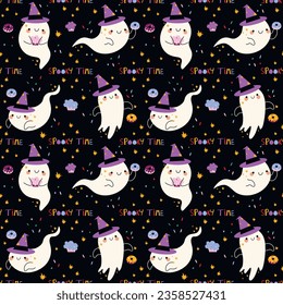 Happy Halloween pattern with cute Ghosts in a hat cupcakes and donuts on a dark background Idea Ideal for cards, poster, prints, anniversary, invitation and party decoration
