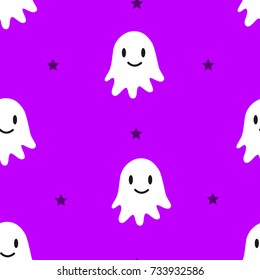 Happy Halloween pattern with cute ghosts and stars on violet background. Vector ornament for textile and wrapping.