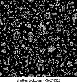 Happy Halloween pattern with doodle elements. Background Halloween with  hand drawn outline elements, objects, symbols and items. Doodle black and white hand drawn style creative vector design.
