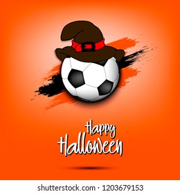 Happy Halloween pattern. Football template design. Soccer ball with witch hat. Design pattern for banner, poster, greeting card, flyer, party invitation. Vector illustration