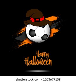 Happy Halloween pattern. Football template design. Soccer ball with witch hat. Design pattern for banner, poster, greeting card, flyer, party invitation. Vector illustration