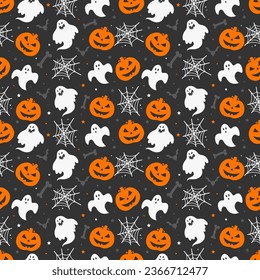 Happy halloween pattern with ghosts bones bats pumpkins and spiderwebs isolated on dark background