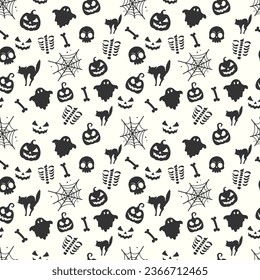 Happy halloween pattern with ghosts skeleton pumpkins cats and spiderwebs for background or wrapping paper design