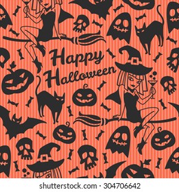 Happy Halloween pattern with greeting. Seamless background. Black silhouettes on orange striped background. Witch girl sitting on a broom and surrounded cute halloween characters.