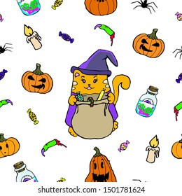 Happy Halloween pattern. Hand drawn vector witch cat with bag of sweets, pumpkins, witch hat, poison bottle, spider. Halloween party, gift paper, coverings.