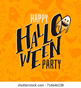 Happy Halloween   pattern and hand written lettering text logo with fun cartoon ghost. Vector illustration. Party Invitation, card, poster. Black and yellow colors. Grave, pumpkin, cat, bat, castle