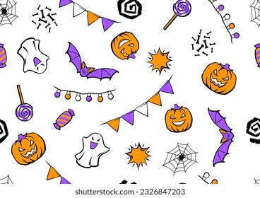 Happy Halloween pattern. Holiday background with celebration items.