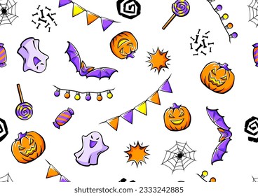 Happy Halloween pattern. Holiday background with celebration items.