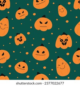 Happy halloween pattern for kids cards, posters, fabric, textile. Cute hand drawn funny pumpkins characters. Vector