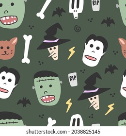 Happy halloween pattern. Kids drawing style with vampire and skeleton. Dark green background