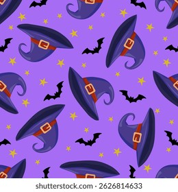 Happy Halloween pattern on purple background with witch hat and bats