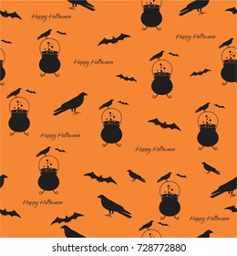 Happy Halloween pattern paper with  bat , raven and witch pot