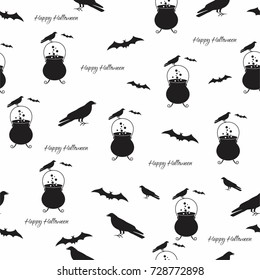 Happy Halloween pattern paper with  bat , raven and witch pot