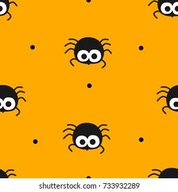 Happy Halloween pattern in polka dot with cute spider on orange background. Flat design. Vector seamless ornament.