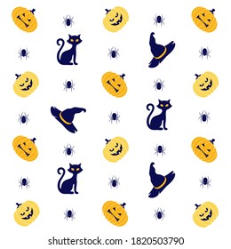 Happy Halloween pattern with pumpkin, bat, witch hat. Monster seamless pattern Vector illustration. Collection of Halloween decor and objects. Cats, pumpkins, spiders and ghosts.