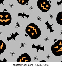 Happy Halloween pattern with pumpkin, bat , spider. Monster seamless pattern Vector stock illustration.