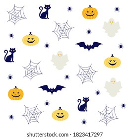 Happy Halloween pattern with pumpkin, bat, witch hat. Monster seamless pattern Vector illustration. Collection of Halloween decor and objects. Cats, pumpkins, spiders and ghosts.