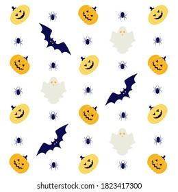 Happy Halloween pattern with pumpkin, bat, witch hat. Monster seamless pattern Vector illustration. Collection of Halloween decor and objects. Cats, pumpkins, spiders and ghosts.