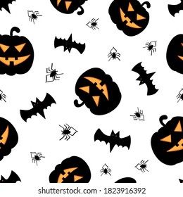 Happy Halloween pattern with pumpkin, bat , spider. Monster seamless pattern Vector stock illustration.