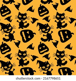 Frohe Halloween-Muster mit Kürbis, Fledermaus, Spinne. Monster nahtlose Muster Vektor Stockillustration.