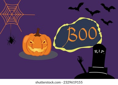 Feliz patrón de Halloween con calabaza, murciélago, tumba, araña, telaraña. Patrón de monstruos para álbumes, papel de envoltura, tela. El doodle ilustrado por el vector.