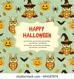 Happy Halloween pattern with pumpkin and owls on turquoise grunge retro background
