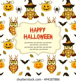 Happy Halloween pattern with pumpkin and owls on white background