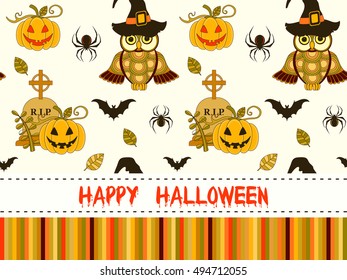 Happy Halloween pattern with pumpkin and owls on white background. Halloween greeting card or invitation banner.