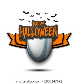 Feliz patrón de Halloween. Diseño de plantilla de rugby. Balón de rugby y murciélago. Patrón de diseño para banner, afiche, tarjeta de saludo, volante, invitación a fiesta. Ilustración del vector