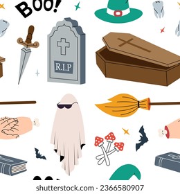 Feliz patrón de Halloween. El fondo de Halloween es fluido. Botella de veneno, olla mágica, bola de cristal, tumba, ataúd, calabazas aterradoras, cuchillo. Truco o trato.