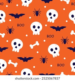 Feliz Halloween padrão com crânios, ossos, aranhas e morcegos. Gráficos vetoriais