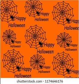 Happy Halloween. A pattern of spider webs with spiders. Orange