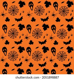 Happy Halloween. Pattern in the style of Halloween with cobwebs, spider, candy, skull, leaves. Vector illustration. Endless background
