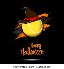 Happy Halloween pattern. Tennis template design. Tenis ball with witch hat. Design pattern for banner, poster, greeting card, flyer, party invitation. Vector illustration