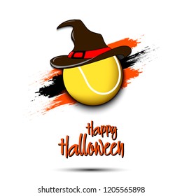 Happy Halloween pattern. Tennis template design. Tenis ball with witch hat. Design pattern for banner, poster, greeting card, flyer, party invitation. Vector illustration