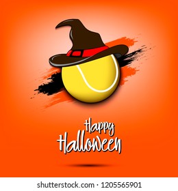 Happy Halloween pattern. Tennis template design. Tenis ball with witch hat. Design pattern for banner, poster, greeting card, flyer, party invitation. Vector illustration