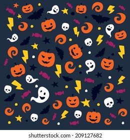 Happy Halloween pattern with traditional elements,pumpkin, skull, bat, ghost, etc. Modern vector illustration and design