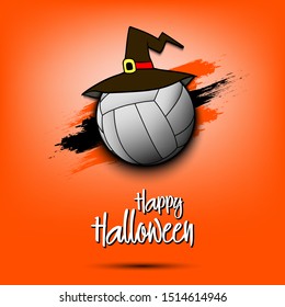 Happy Halloween pattern. Volleyball template design. Volleyball ball with witch hat. Design pattern for banner, poster, greeting card, flyer, party invitation. Vector illustration