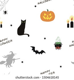 Happy Halloween pattern.  Witch, pumpkin and other symbols on a white background.  Suitable for wallpaper, cover, printing on fabric and more.