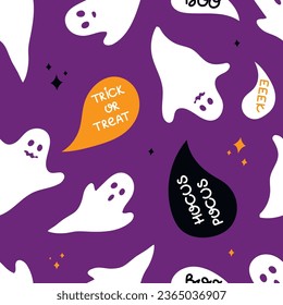 Happy halloween pattern.Cute white ghosts with bubble speech on the purple background. Seamless pattern with cartoon characters.