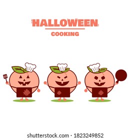 Happy Halloween. Peach chef character. A smiling peach character. Halloween cooking. Illustration vector.