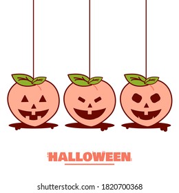 Happy Halloween. Peach in different faces. Peach character. A smiling peach character. Cartoon cute style peach. Illustration vector.