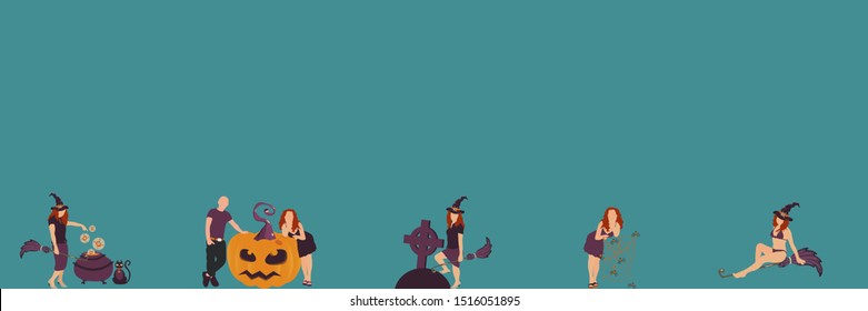 Happy Halloween people border. Pumpkin with scary face, girl in witch hat and broomstick, giant spider web net with many smile spiders. Color vector illustration for party banner, poster, flyer